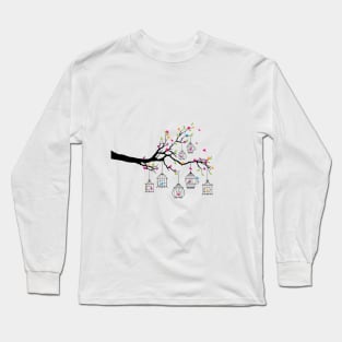 tree branch with birds and birdcages Long Sleeve T-Shirt